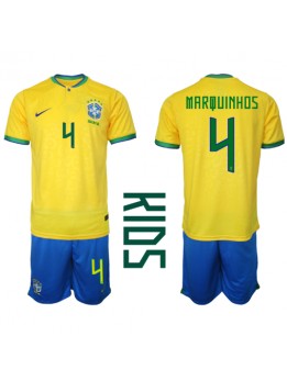 Billige Brasil Marquinhos #4 Hjemmedraktsett Barn VM 2022 Kortermet (+ Korte bukser)